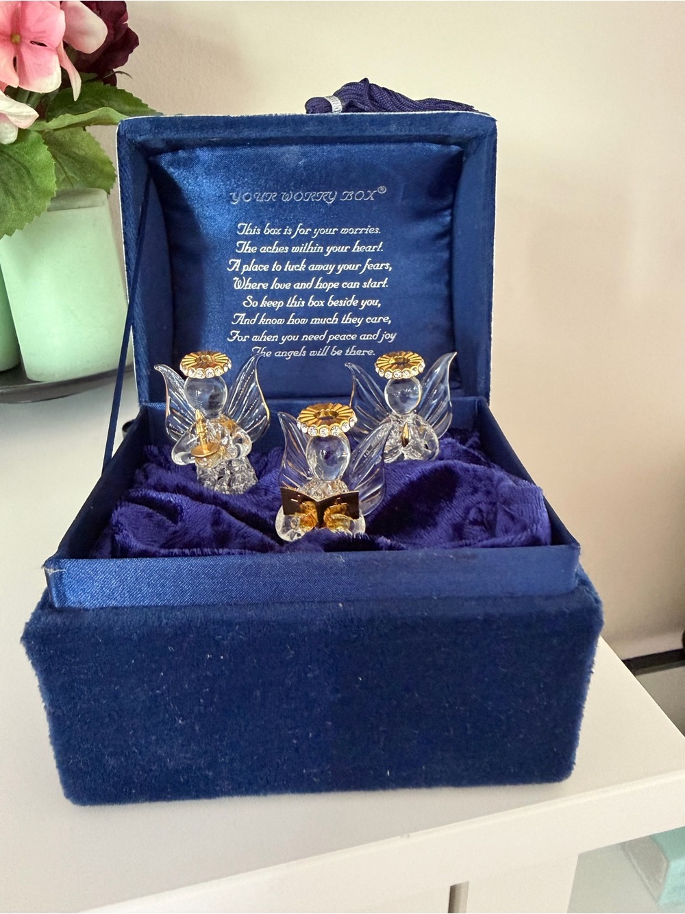 Vintage "Your Worry Box" Velvet Musical Trinket Box with 3 Glass Angels